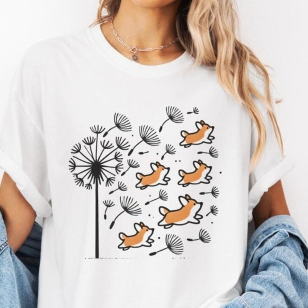 Cute Dog Shirt,Corgi Dandelion Shirt, Cute Dog Lover Tee